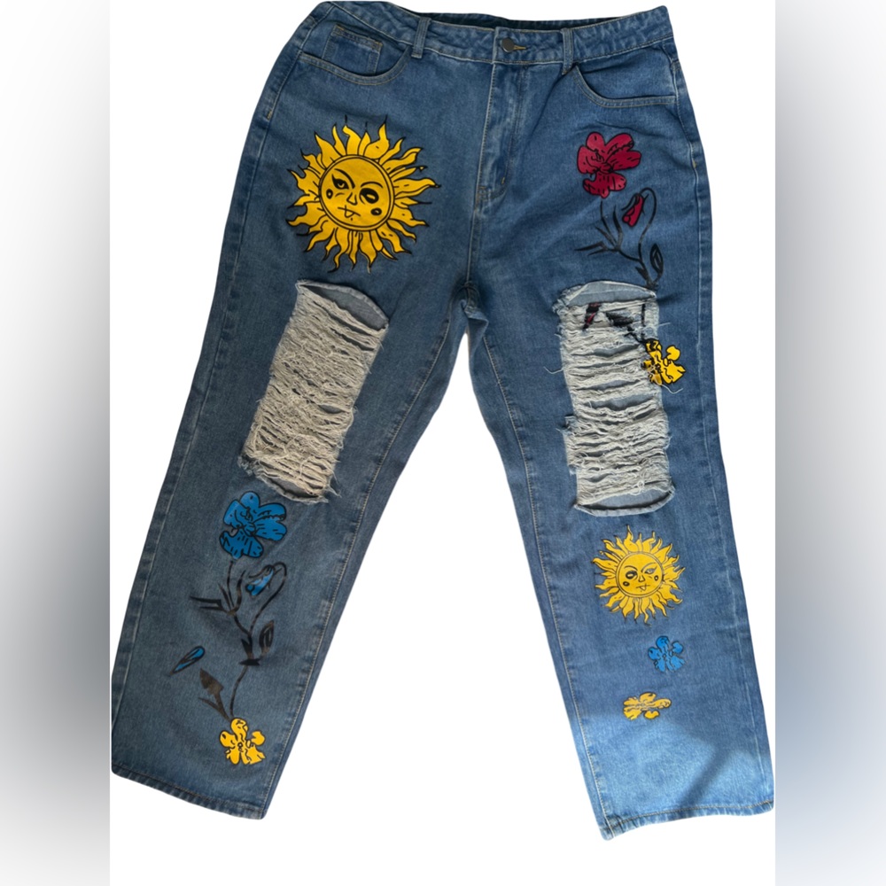 Plus High Waist Sun & Floral Print Ladder Distressed Jeans XL/14